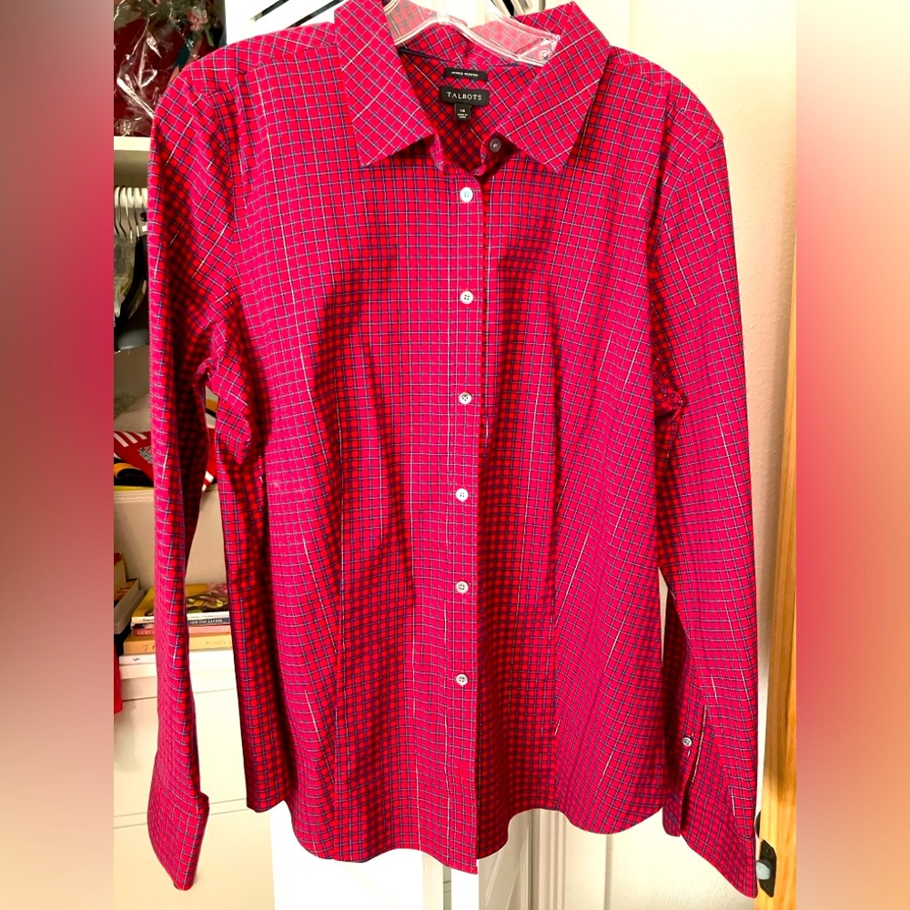 Talbots Red and Blue Checked Button-Up Blouse
